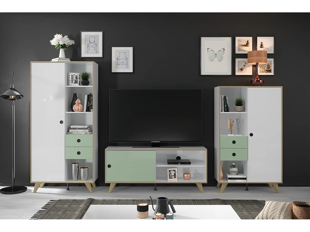 Ensemble meubles de séjour 3 pièces bois blanc, vert et naturel Mélanie