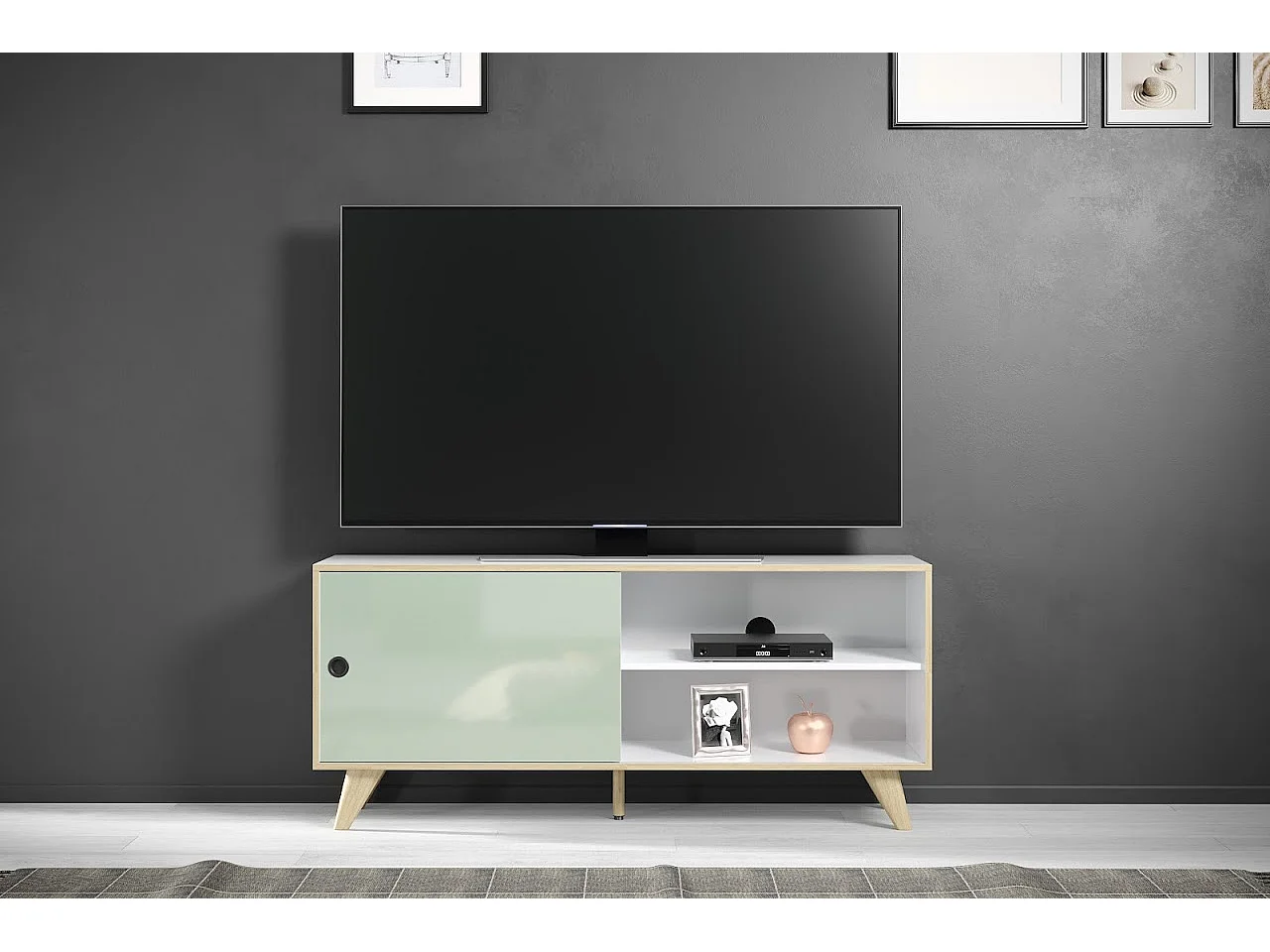 Ensemble meubles de séjour 3 pièces bois blanc, vert et naturel Mélanie