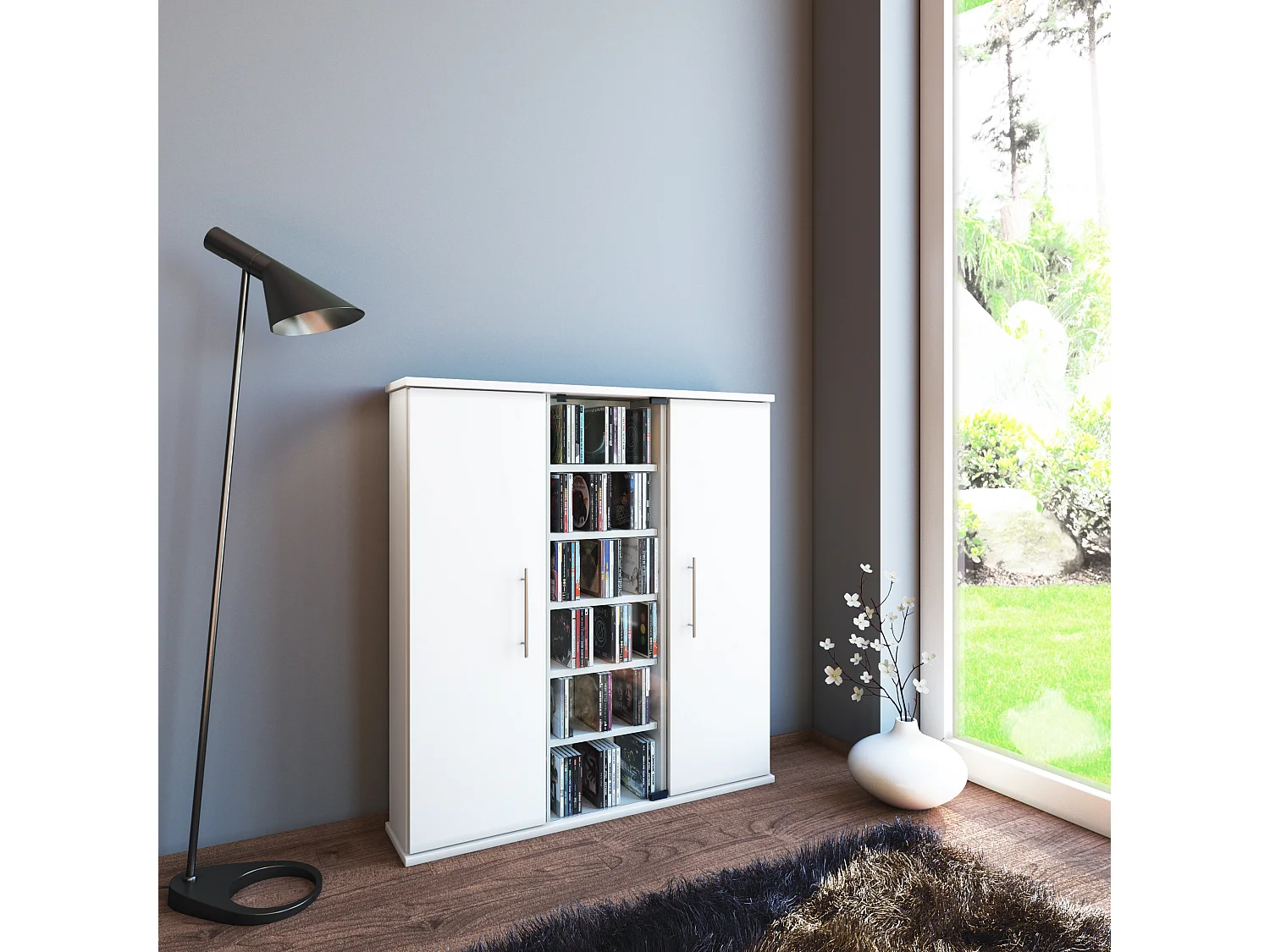 Drewno CD DVD Stand Shelf Santo Drzwi szklane