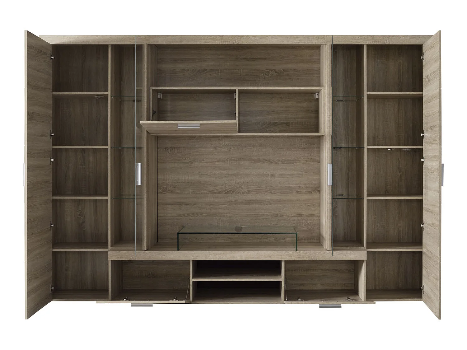 Molar Meuble de salon 4 portes, 5 tablettes de rangement et 3 portes pliantes, lumière incluse, finition chêne.