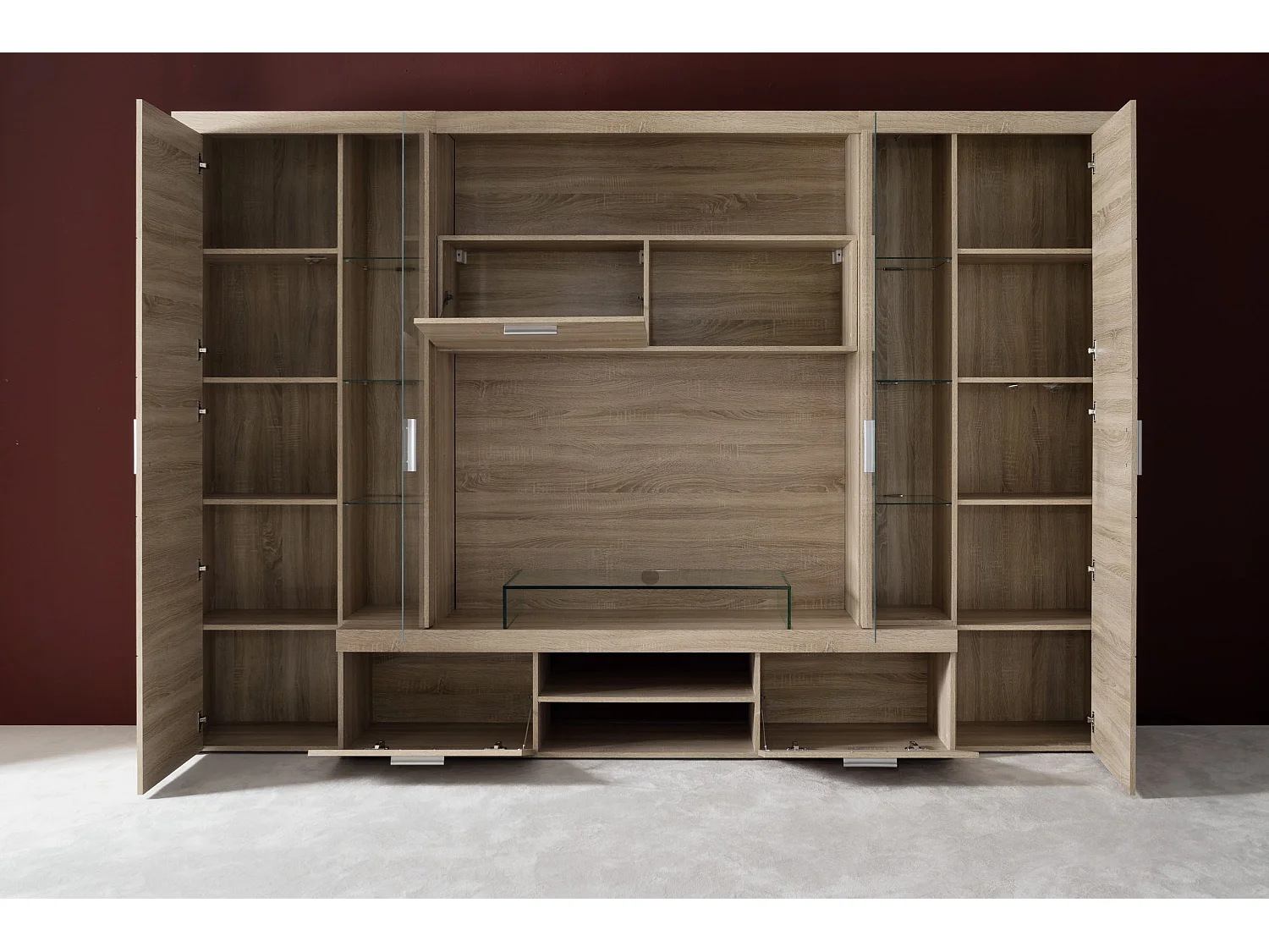 Molar Meuble de salon 4 portes, 5 tablettes de rangement et 3 portes pliantes, lumière incluse, finition chêne.