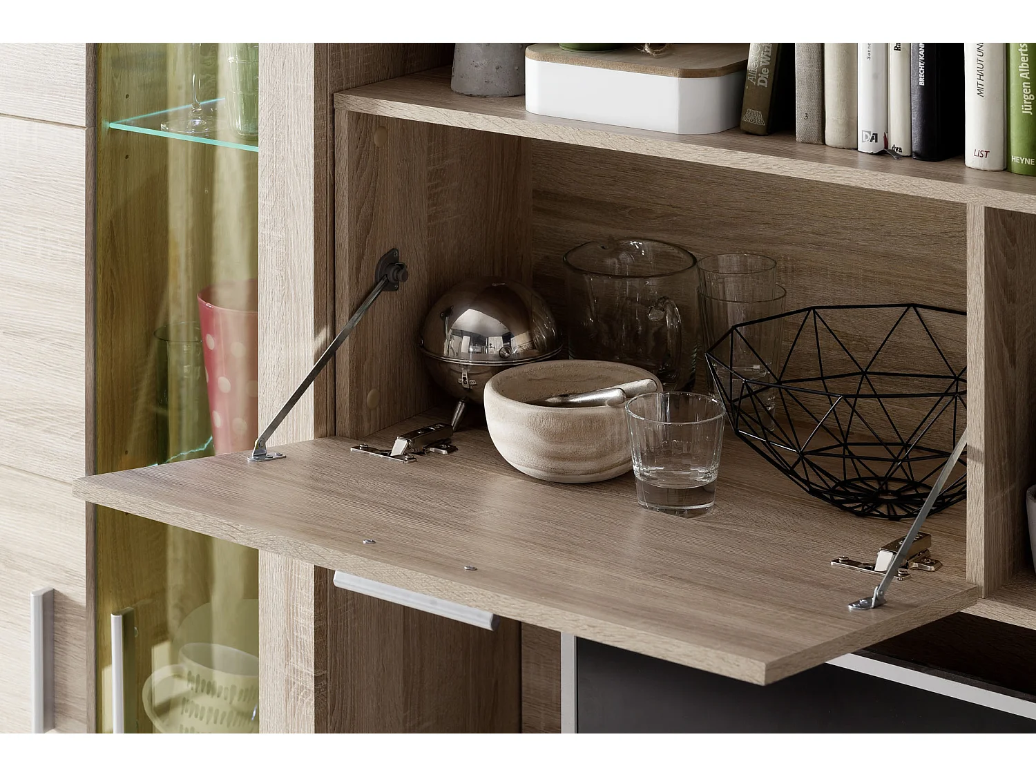 Molar Meuble de salon 4 portes, 5 tablettes de rangement et 3 portes pliantes, lumière incluse, finition chêne.