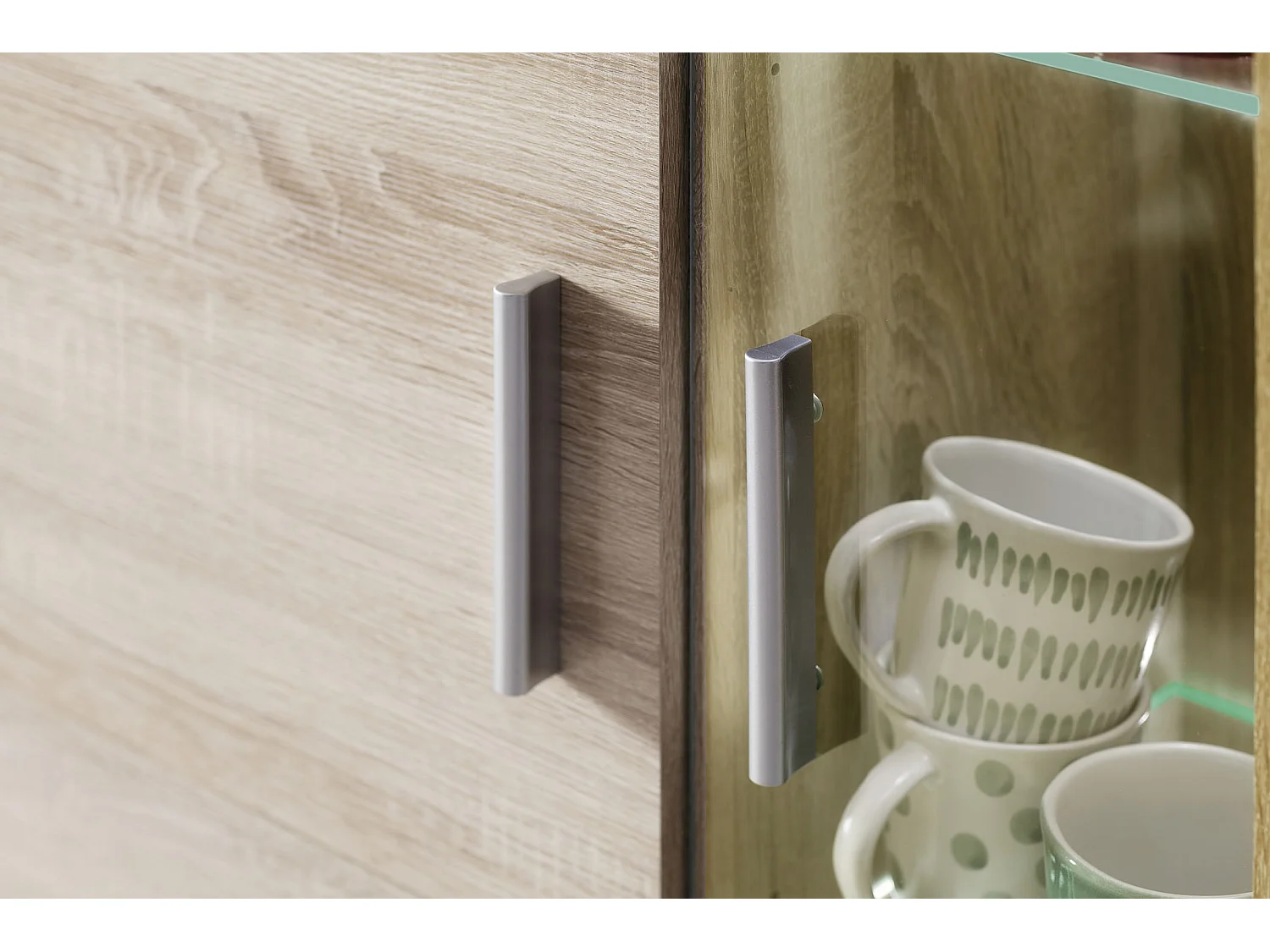 Molar Meuble de salon 4 portes, 5 tablettes de rangement et 3 portes pliantes, lumière incluse, finition chêne.