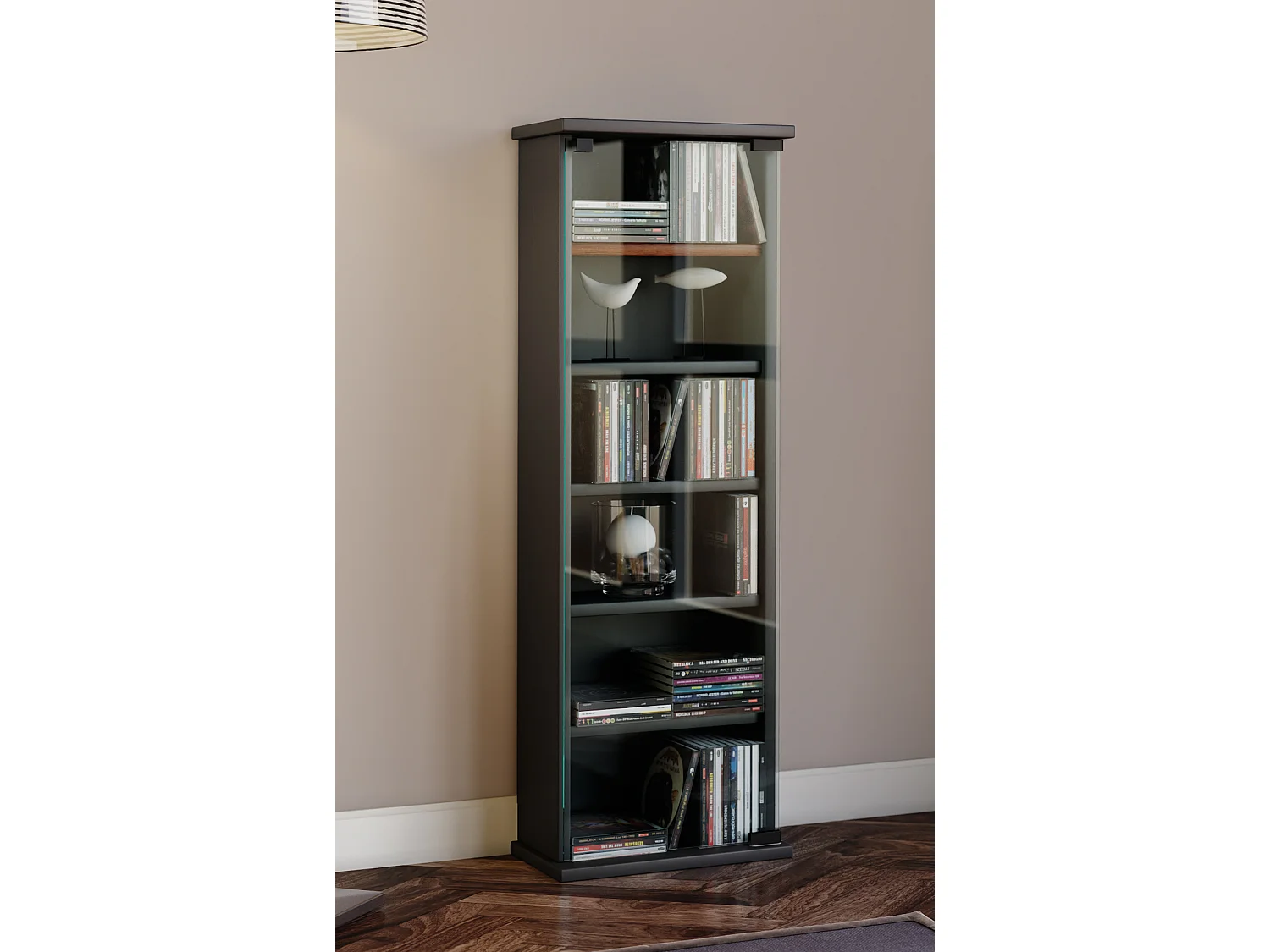 Drewno CD DVD Stand Shelf Vetro Drzwi szklane