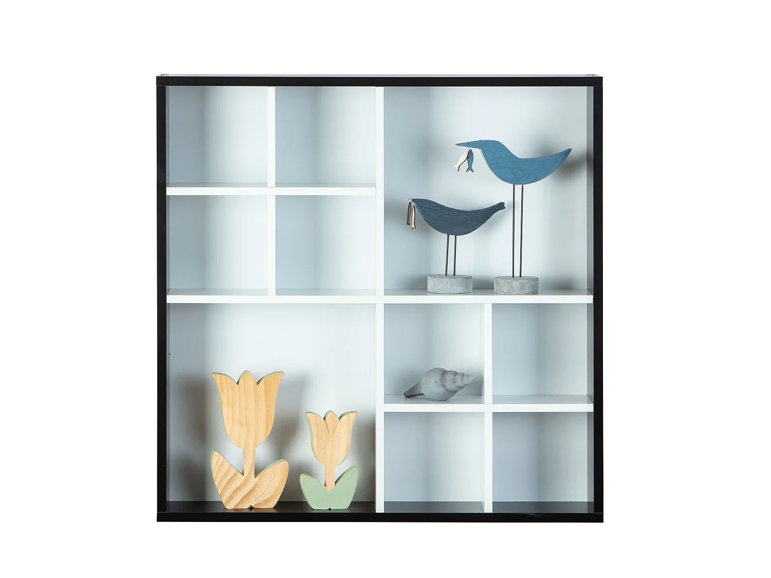 Librería decente, estante de pared con 10 compartimentos en blanco y negro.