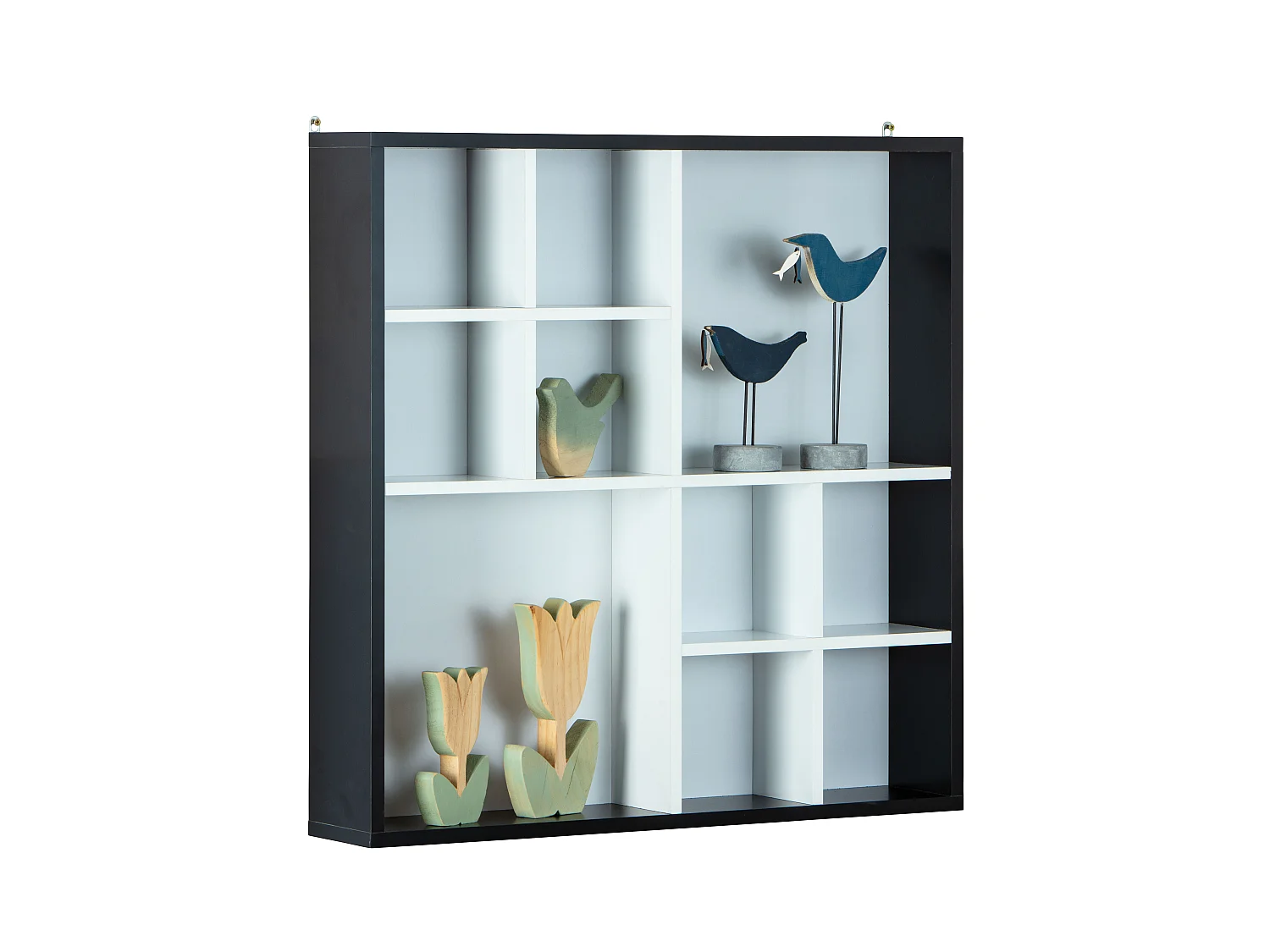 Librería decente, estante de pared con 10 compartimentos en blanco y negro.