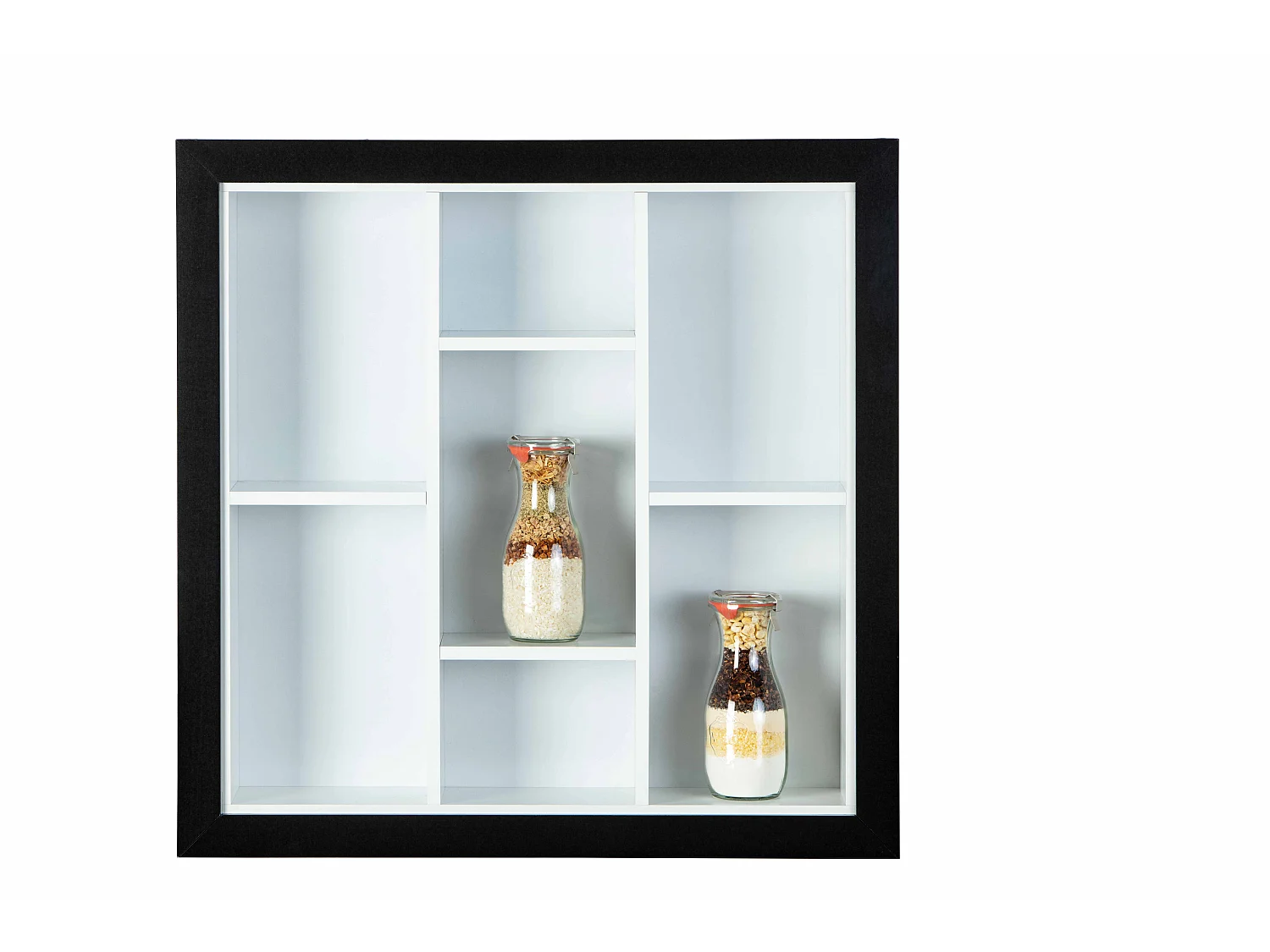 Serry wandkast , wandplank met 7 vakken zwart en wit.