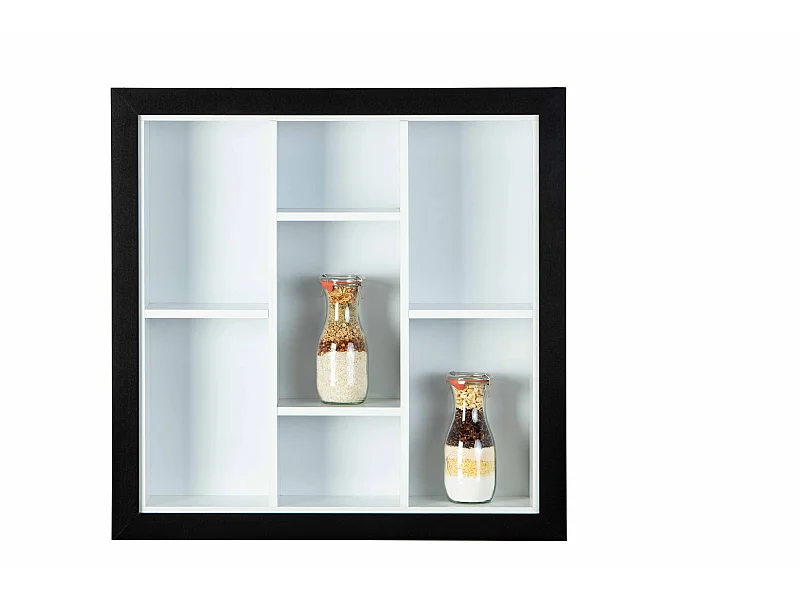 Librería Serry, estante de pared con 7 compartimentos en color blanco y negro.