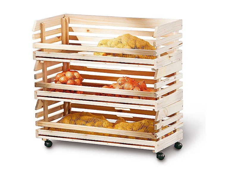 Vegam Étagère pour stockage de fruits et légumes, 3 casiers, teinte naturelle.