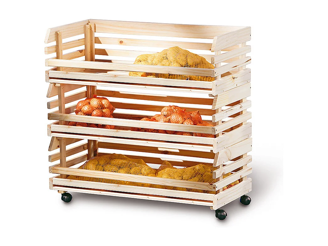 Vegam Étagère pour stockage de fruits et légumes, 3 casiers, teinte naturelle.