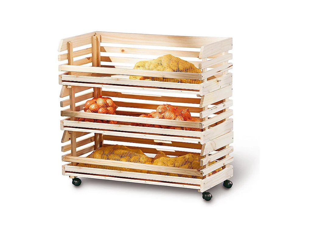 Vegam Étagère pour stockage de fruits et légumes, 3 casiers, teinte naturelle.