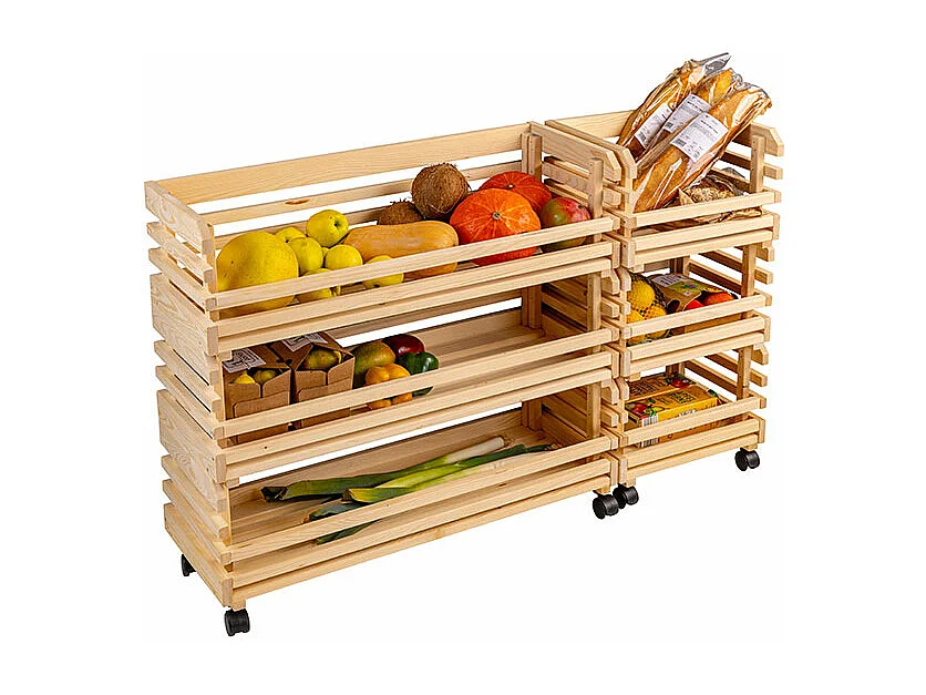 Vegam Étagère pour stockage de fruits et légumes, 3 casiers, teinte naturelle.