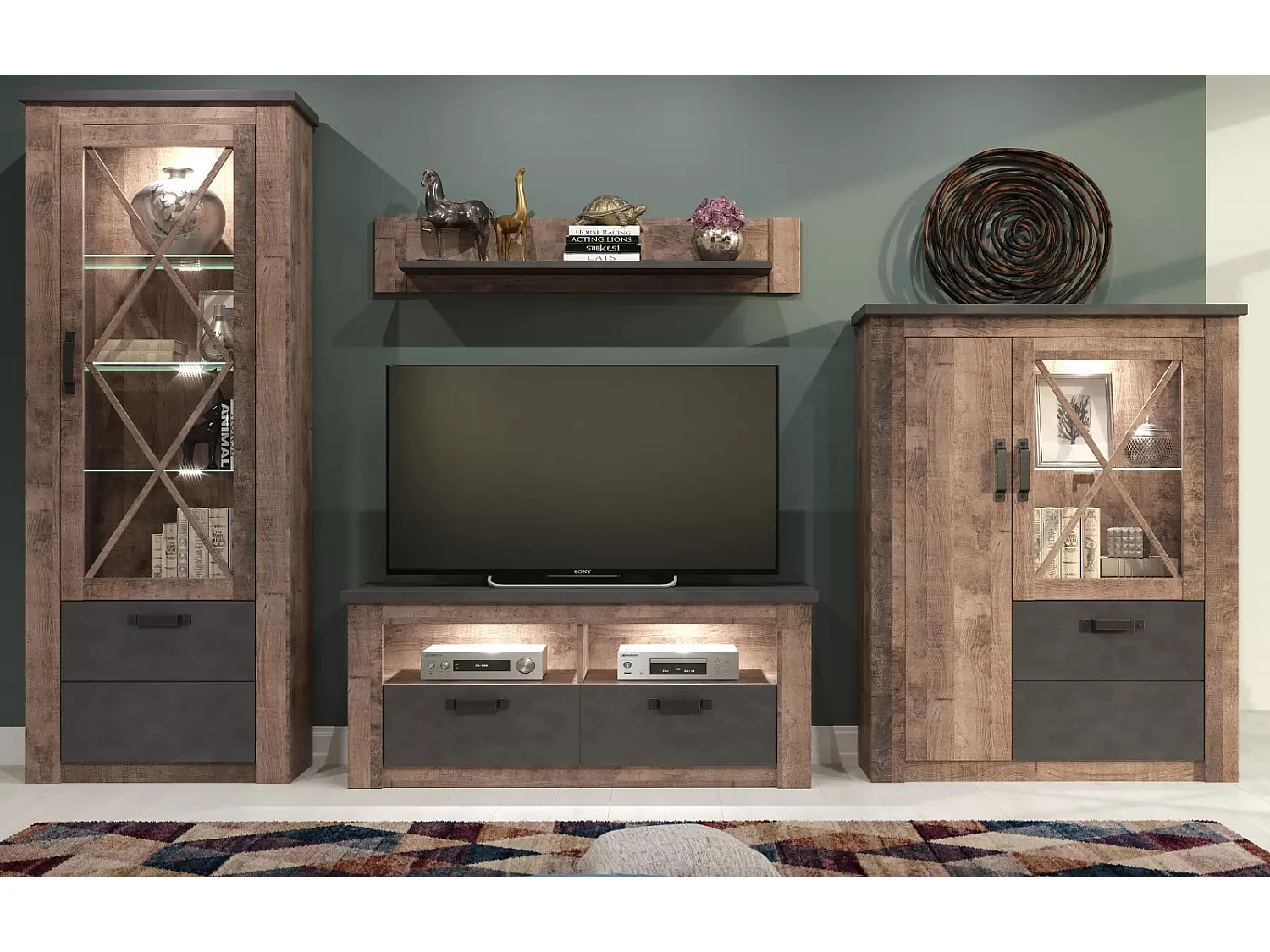 Etagère murale mélaminé chêne foncé et gris Aria