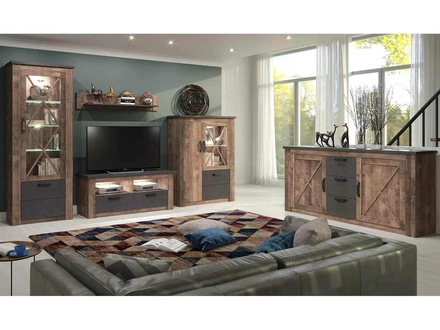 Etagère murale mélaminé chêne foncé et gris Aria