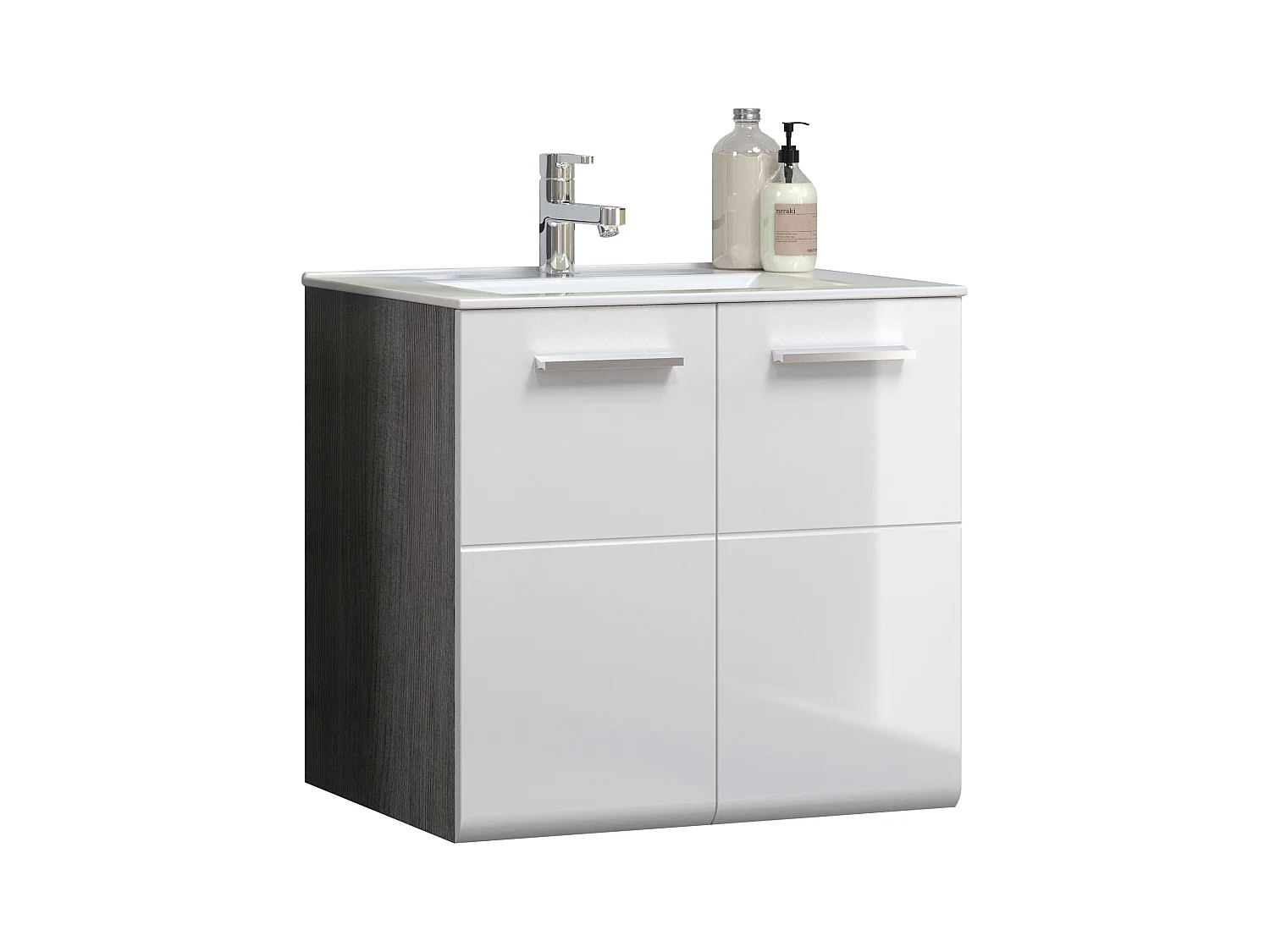 Meuble bas suspendu avec vasque blanc brillant et gris foncé Touka 62cm