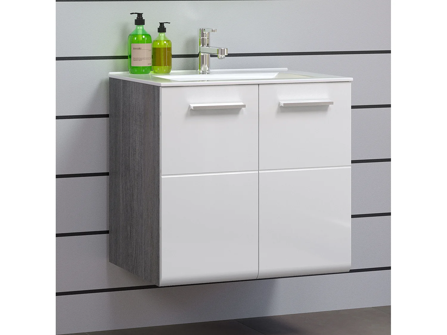 Meuble bas suspendu avec vasque blanc brillant et gris foncé Touka 62cm