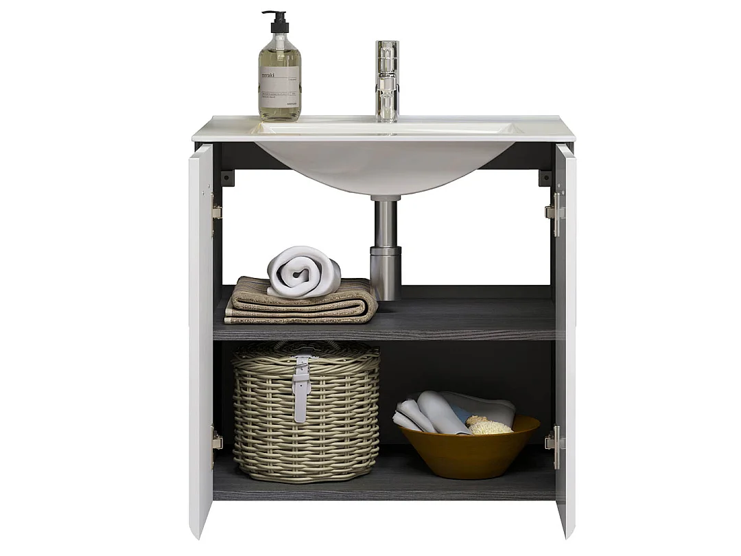 Riva meuble sous lavabo 2 portes, blanc brillant, gris.