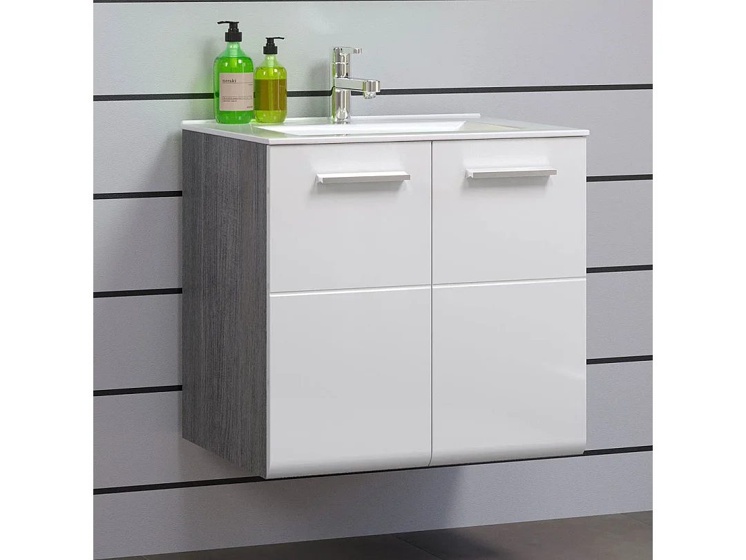 Riva meuble sous lavabo 2 portes, blanc brillant, gris.