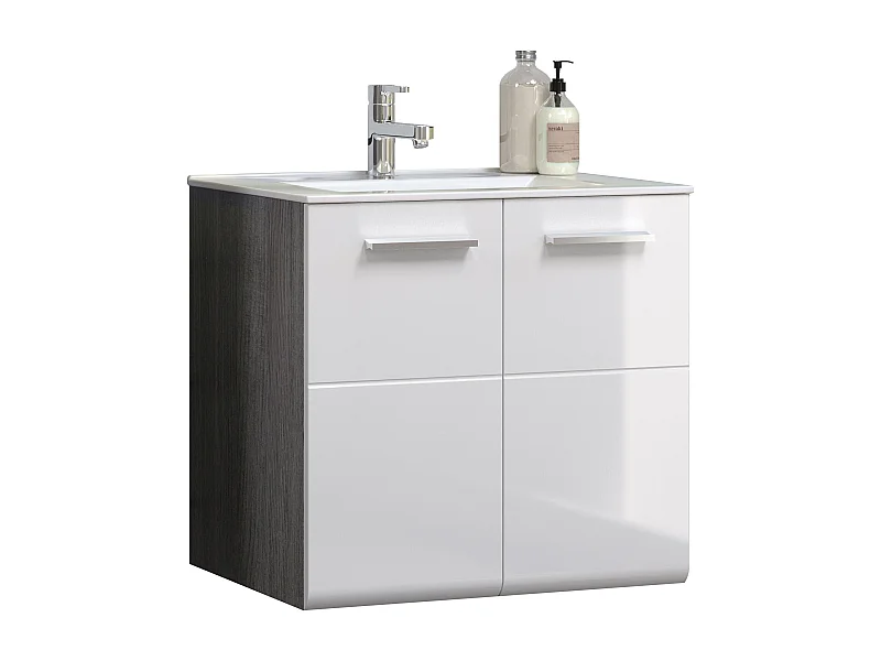 Meuble bas suspendu avec vasque blanc brillant et gris foncé Touka 62cm