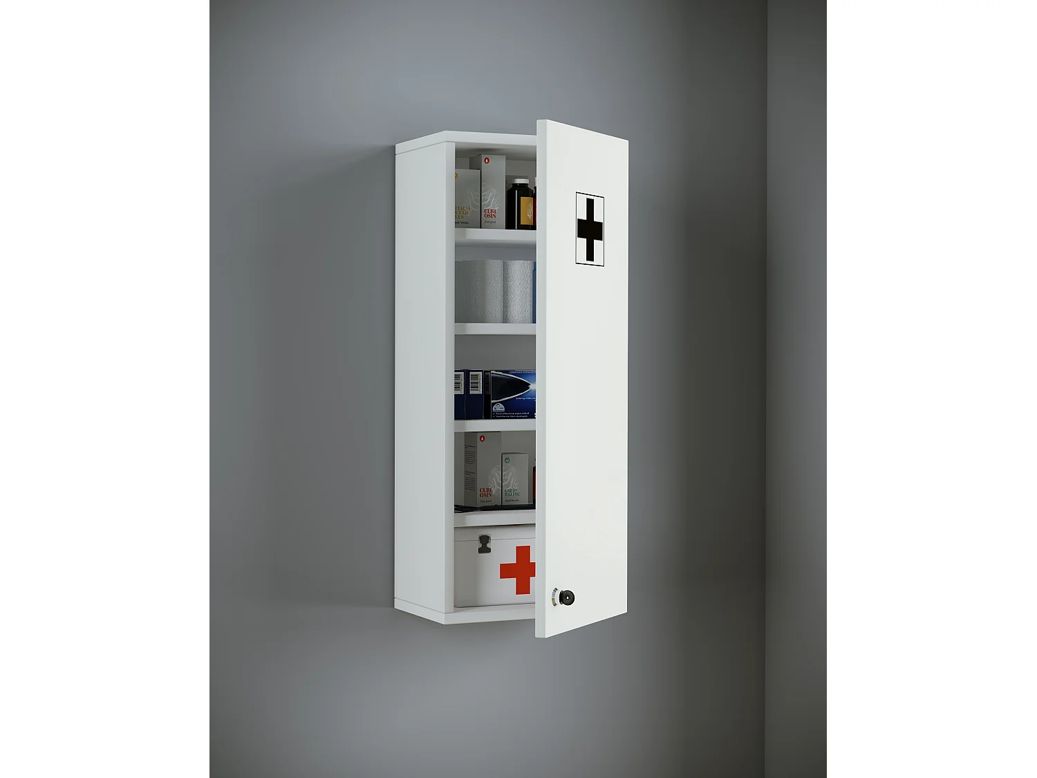 Medasa L Badschrank Medizinschrank für wandhängend, 1 Tür mit Schloss weiß.