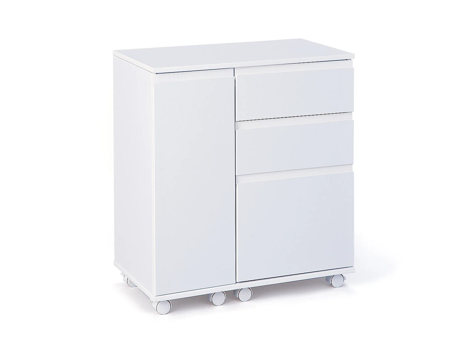 Lapo Bureau sur roulettes avec plateau extensible, 3 tiroirs, 1 porte, blanc.