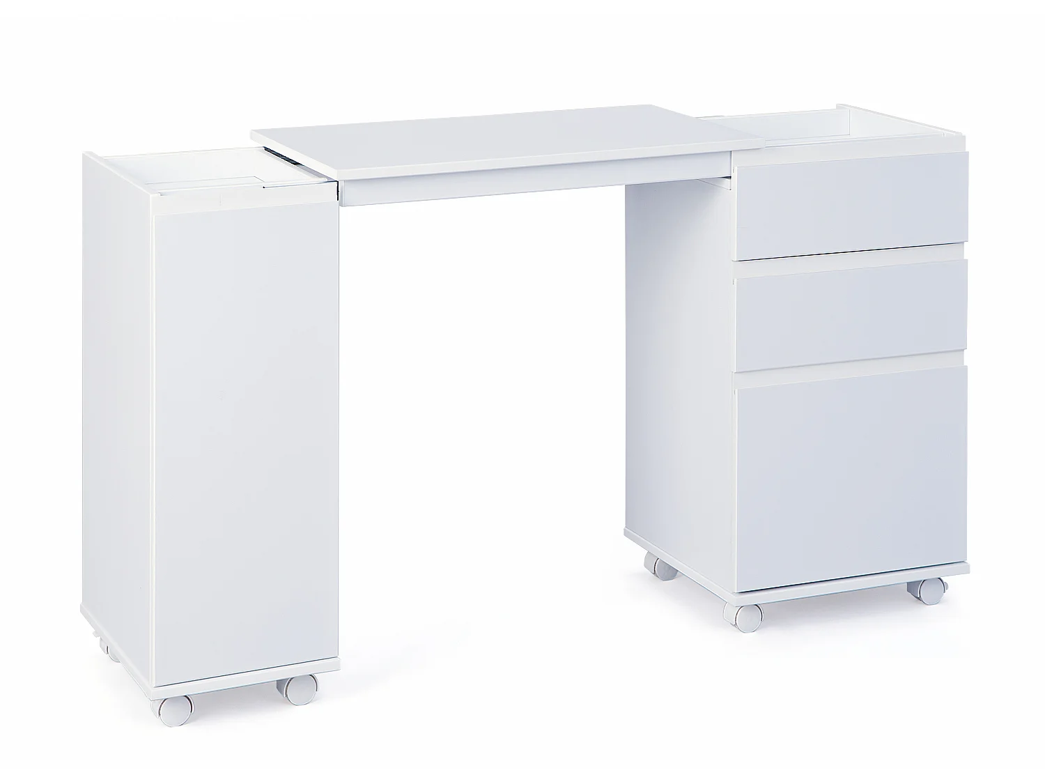 Lapo Bureau sur roulettes avec plateau extensible, 3 tiroirs, 1 porte, blanc.