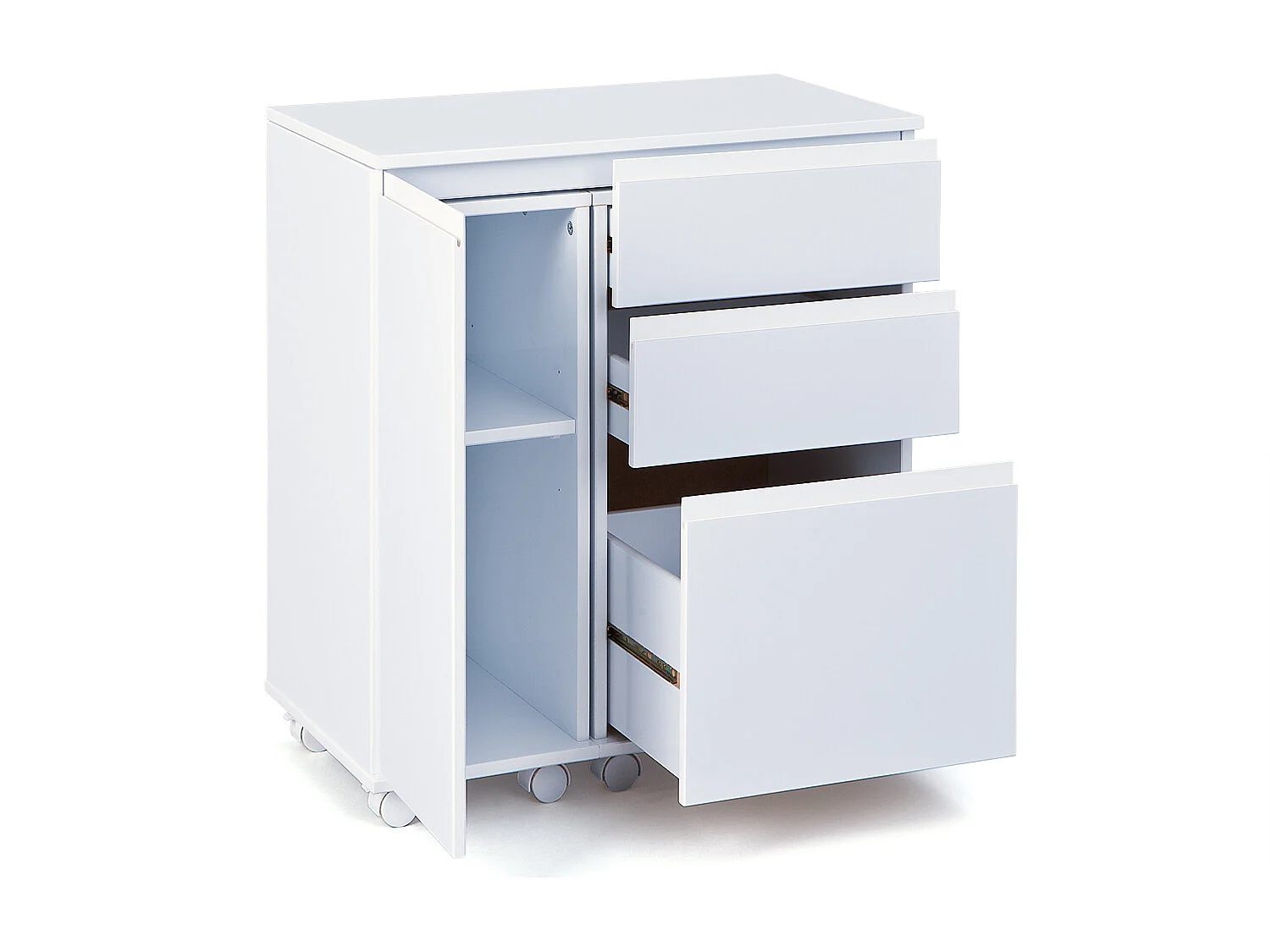 Lapo Bureau sur roulettes avec plateau extensible, 3 tiroirs, 1 porte, blanc.