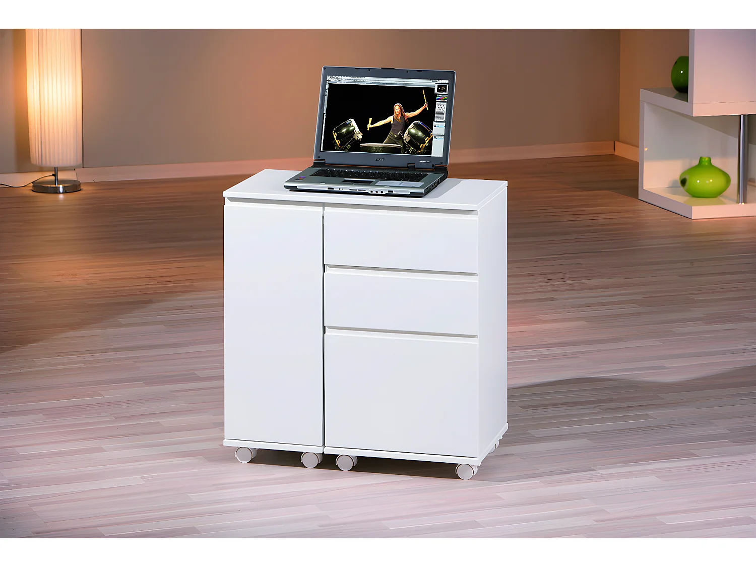 Lapo Bureau sur roulettes avec plateau extensible, 3 tiroirs, 1 porte, blanc.