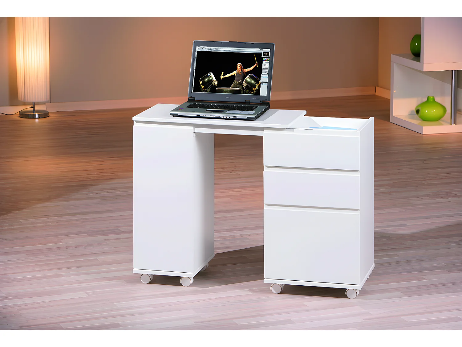 Lapo Bureau sur roulettes avec plateau extensible, 3 tiroirs, 1 porte, blanc.