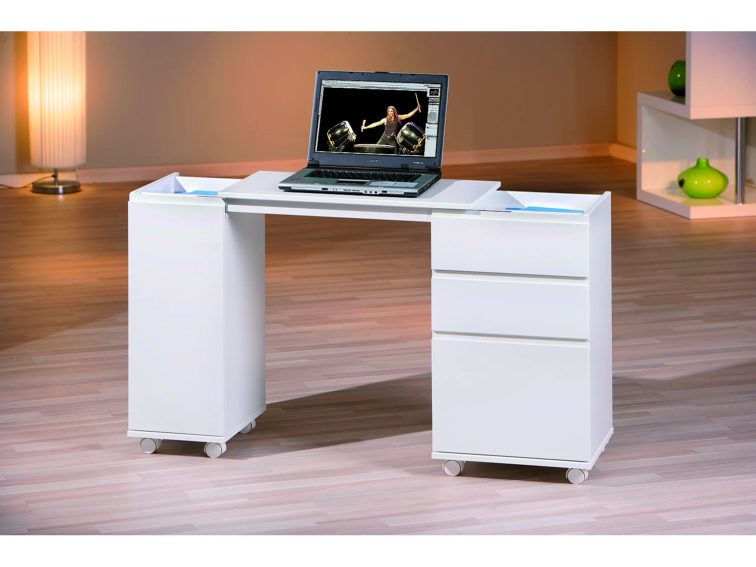Lapo Bureau sur roulettes avec plateau extensible, 3 tiroirs, 1 porte, blanc.