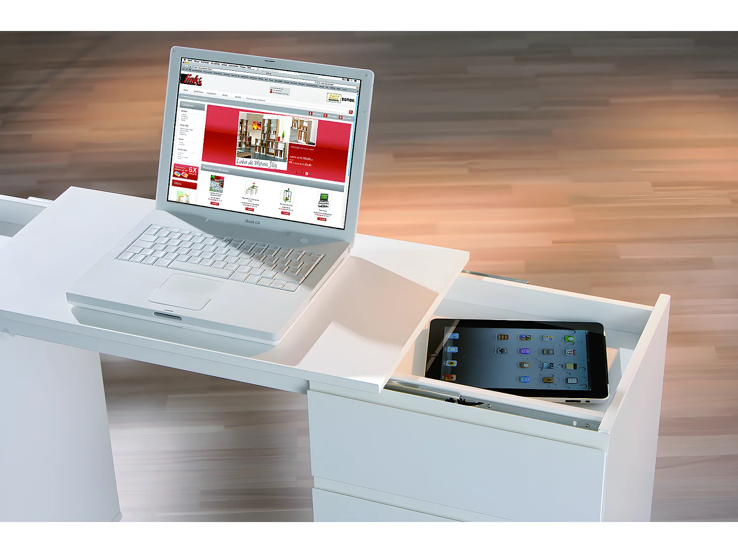 Lapo Bureau sur roulettes avec plateau extensible, 3 tiroirs, 1 porte, blanc.