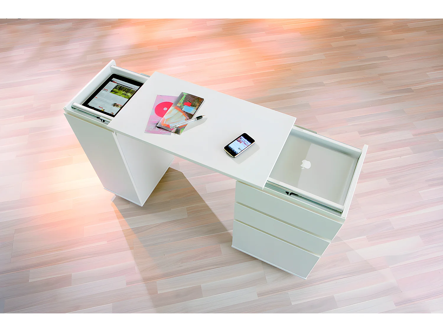 Lapo Bureau sur roulettes avec plateau extensible, 3 tiroirs, 1 porte, blanc.