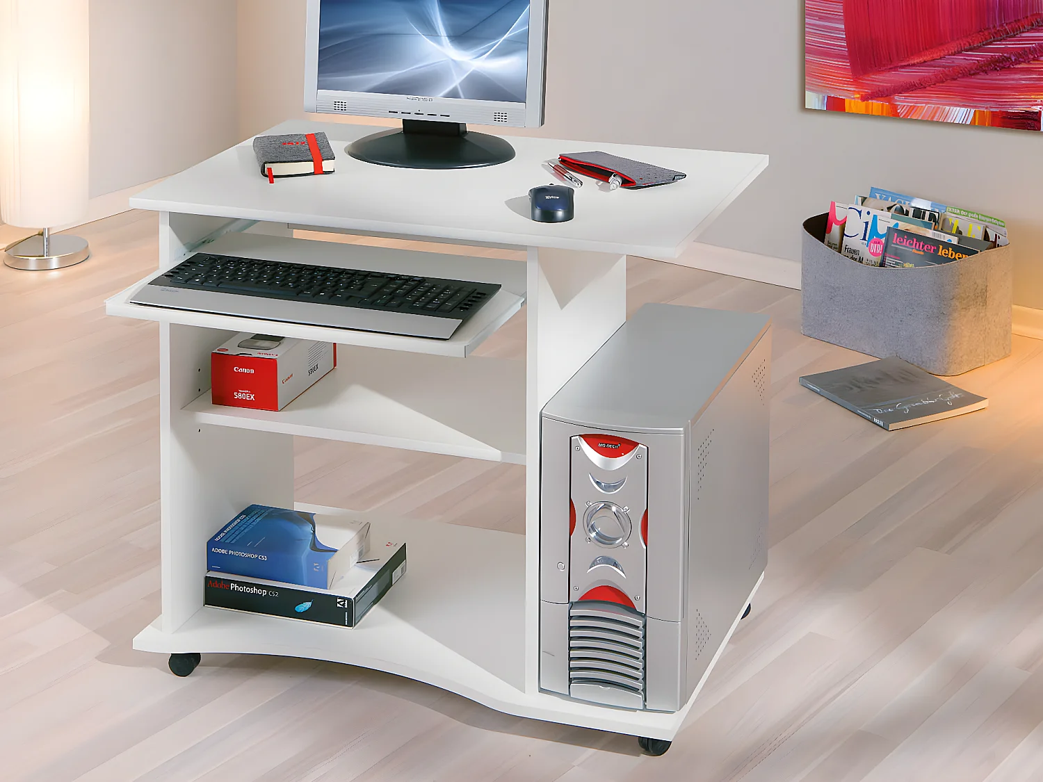 Pemos Schreibtisch 1 Ablage, 1 Tastaturauszug, weiss.