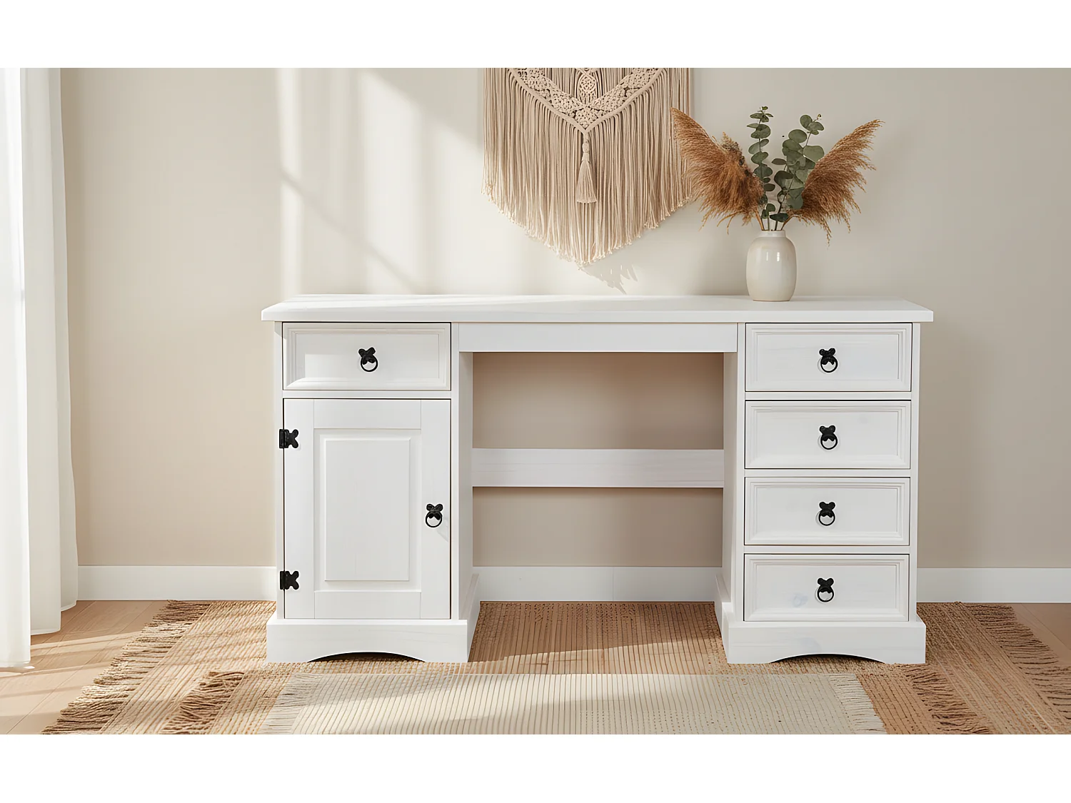 New Mexico Bureau, largeur 141 cm, hauteur 76 cm avec 5 tiroirs et 1 porte, blanc/ciré.