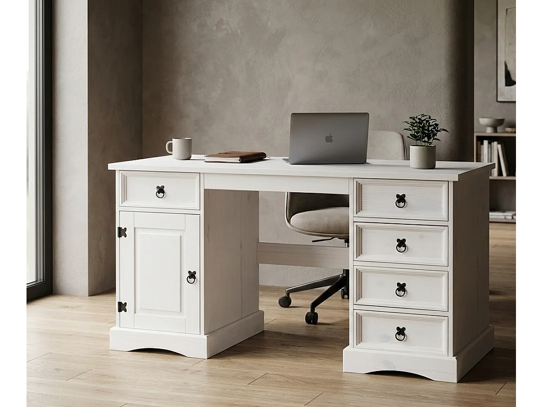 New Mexico Bureau, largeur 141 cm, hauteur 76 cm avec 5 tiroirs et 1 porte, blanc/ciré.