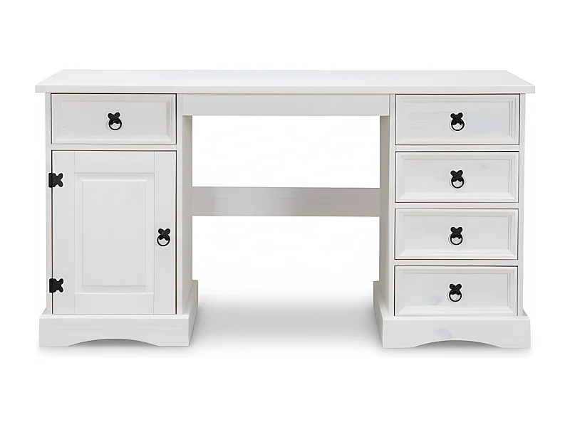New Mexico Schreibtisch Breite 141 cm, Höhe 76 cm mit 5 Schubladen und 1 Tür weiss/gewachst.