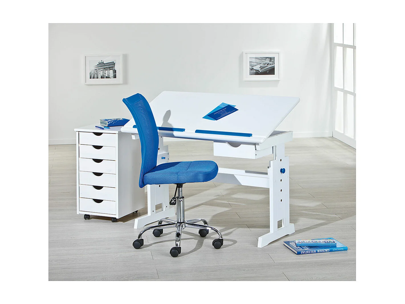 Batur Schreibtisch 1 Schublade weiss,blau/ pink.