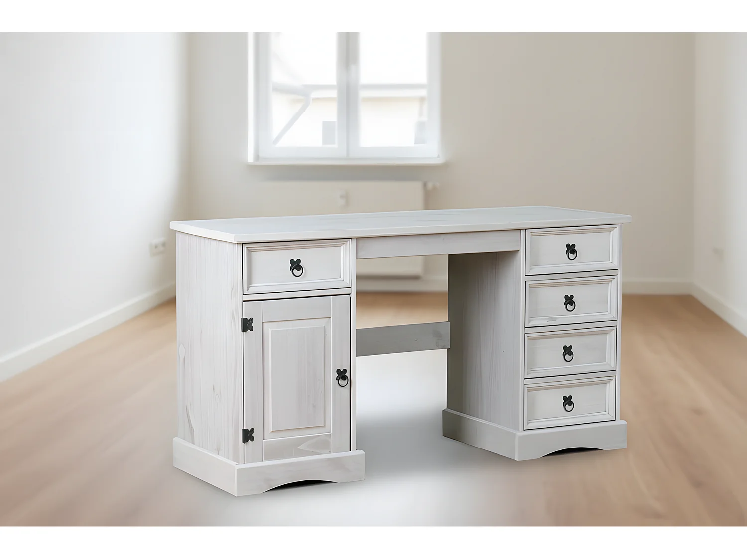 New Mexico Schreibtisch Breite 141 cm, Höhe 76 cm mit 5 Schubladen und 1 Tür in grau.