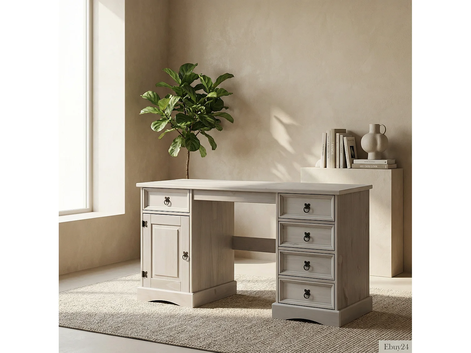 New Mexico Schreibtisch Breite 141 cm, Höhe 76 cm mit 5 Schubladen und 1 Tür in grau.