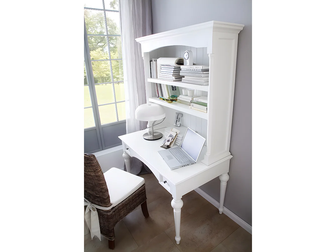 Provence Schreibtisch mit Regalsystem und 2 Schubladen weiss.