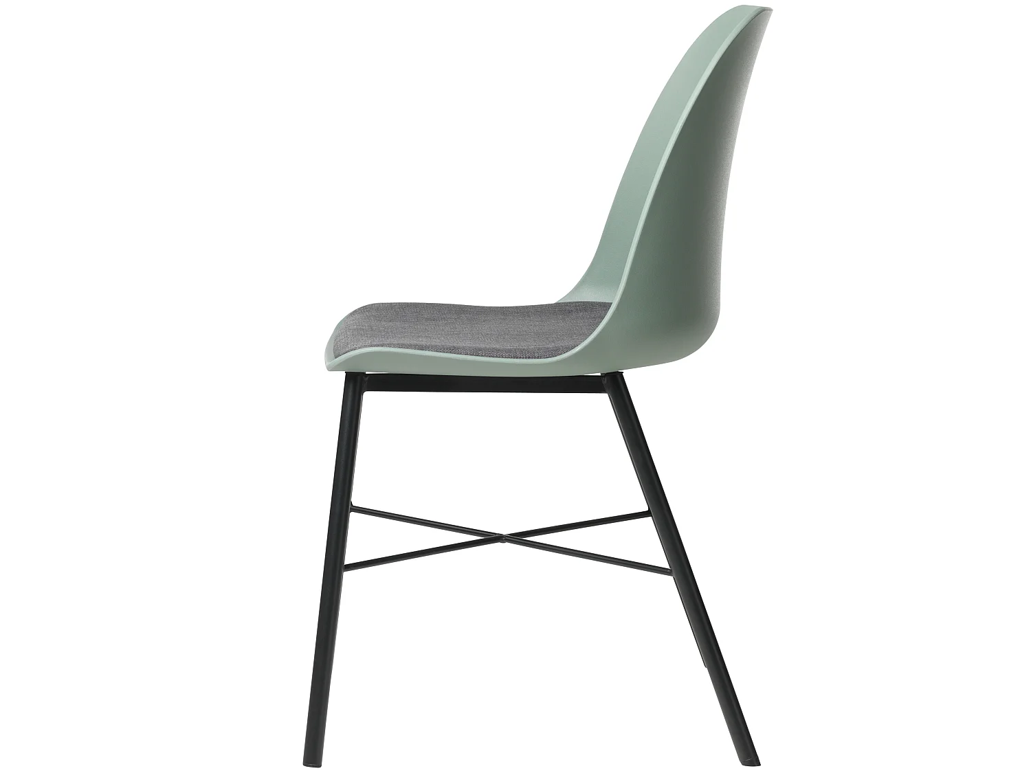 Silla de comedor Whise en color verde polvoriento y gris, estructura de metal negro.