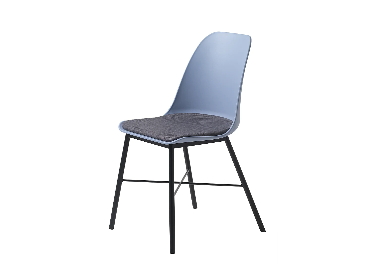 Silla de comedor Whise en azul polvoriento y gris, estructura de metal negro.