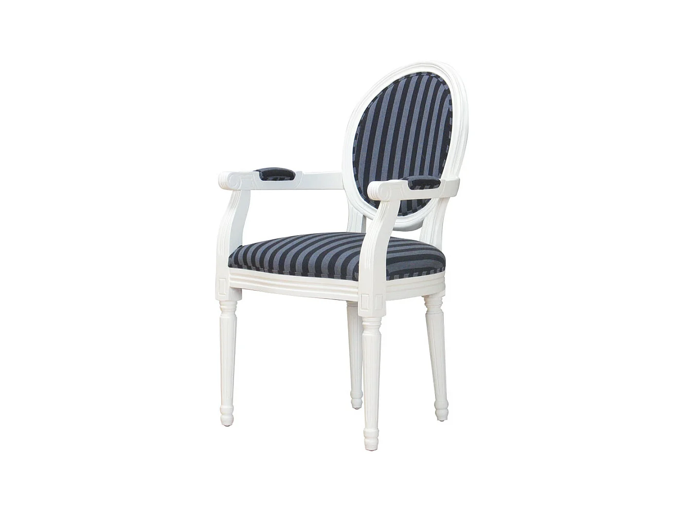 Rokoko/Amaretta Chaise de salle à manger avec accoudoirs, blanc antique, tissu à rayures noires.