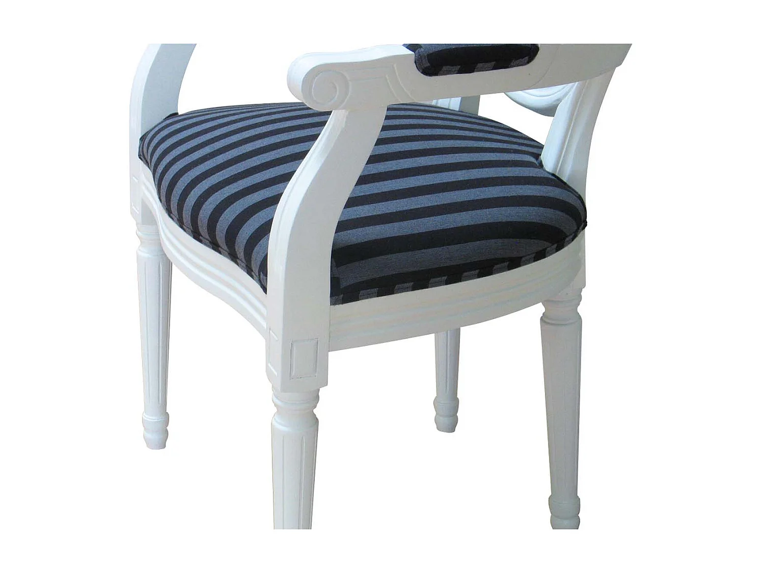 Rokoko/Amaretta Chaise de salle à manger avec accoudoirs, blanc antique, tissu à rayures noires.
