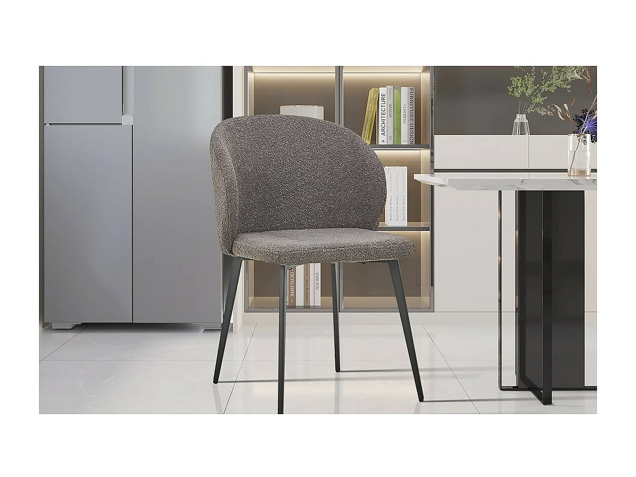 Chaise HARDIN – Tissu bouclé gris – Pieds métal noir – H80 x L51 x P55 cm