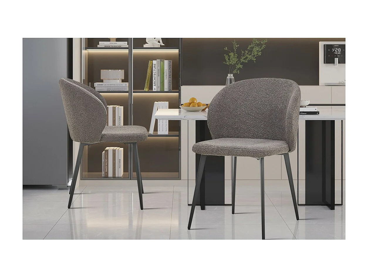 Chaise HARDIN – Tissu bouclé gris – Pieds métal noir – H80 x L51 x P55 cm