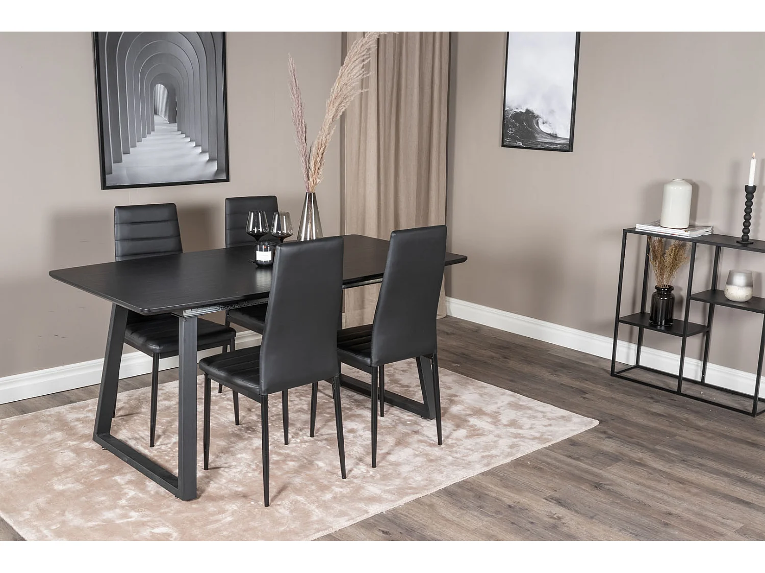 IncaBLBL ensemble table, table extensible longueur cm160 / 200 noir et 4 Slim High Back chaises Similicuir PU noir.