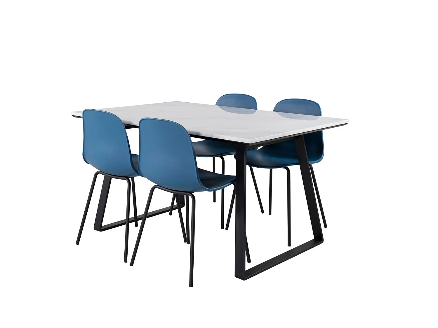 Estelle eethoek eetkamertafel marmer wit en 4 Arctic eetkamerstal blauw, zwart.