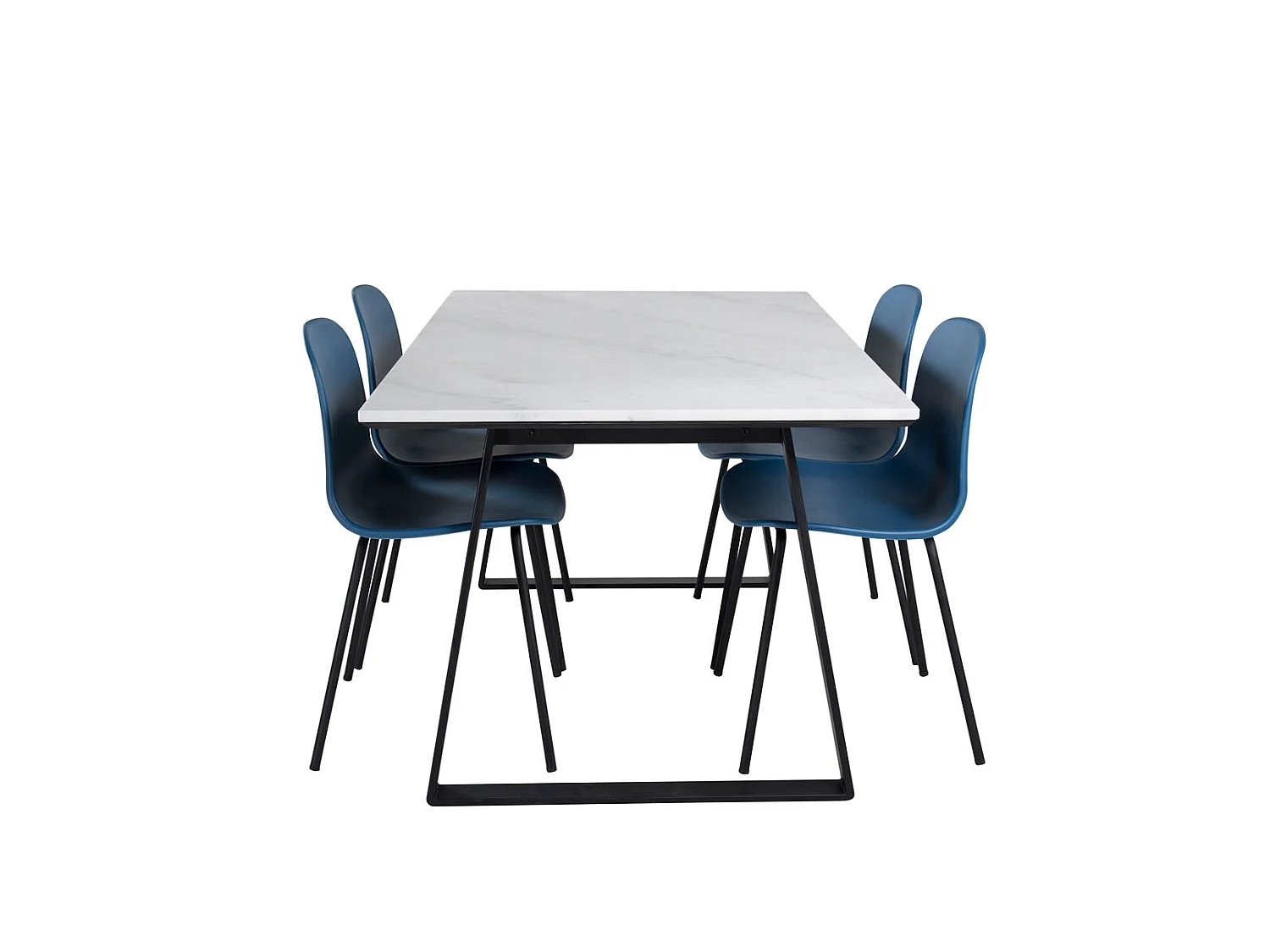 Estelle eethoek eetkamertafel marmer wit en 4 Arctic eetkamerstal blauw, zwart.