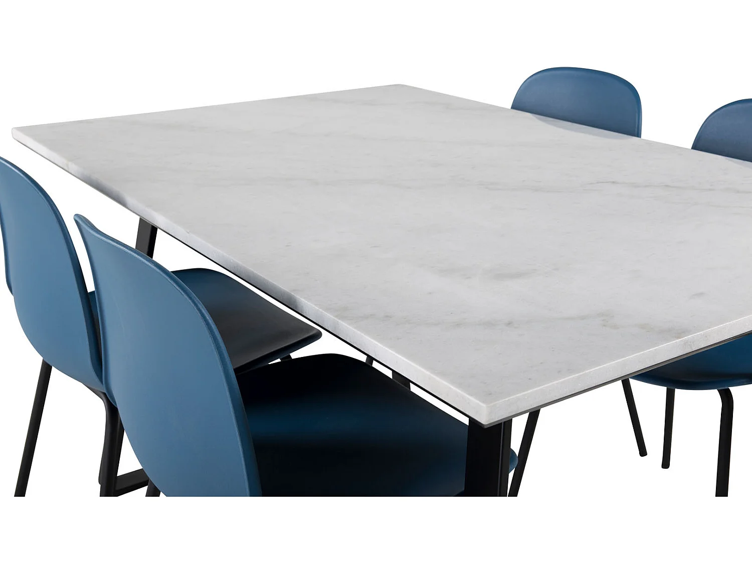 Estelle eethoek eetkamertafel marmer wit en 4 Arctic eetkamerstal blauw, zwart.